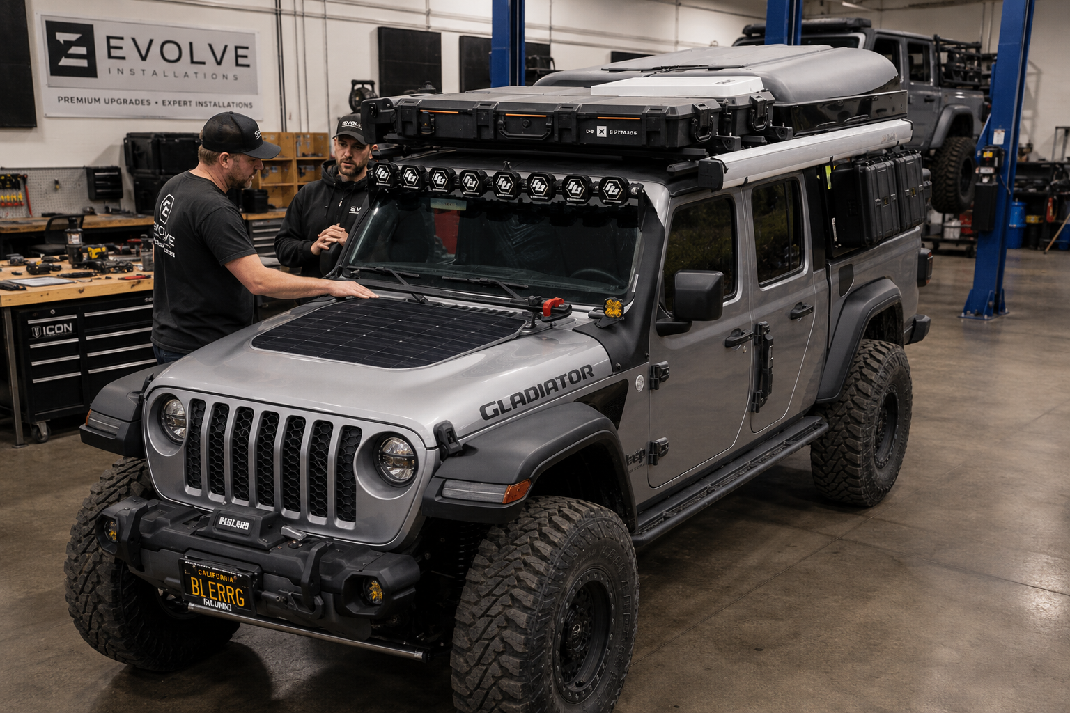 Premium hood solar panel installation for 4x4 shops