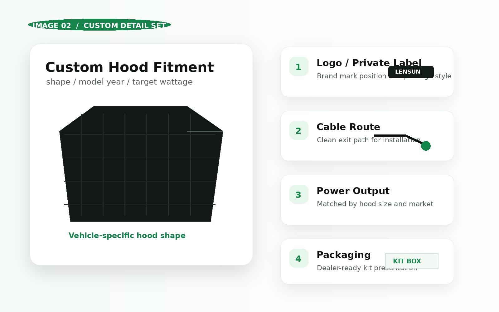 Custom hood solar options including fitment, branding, cable route and packaging