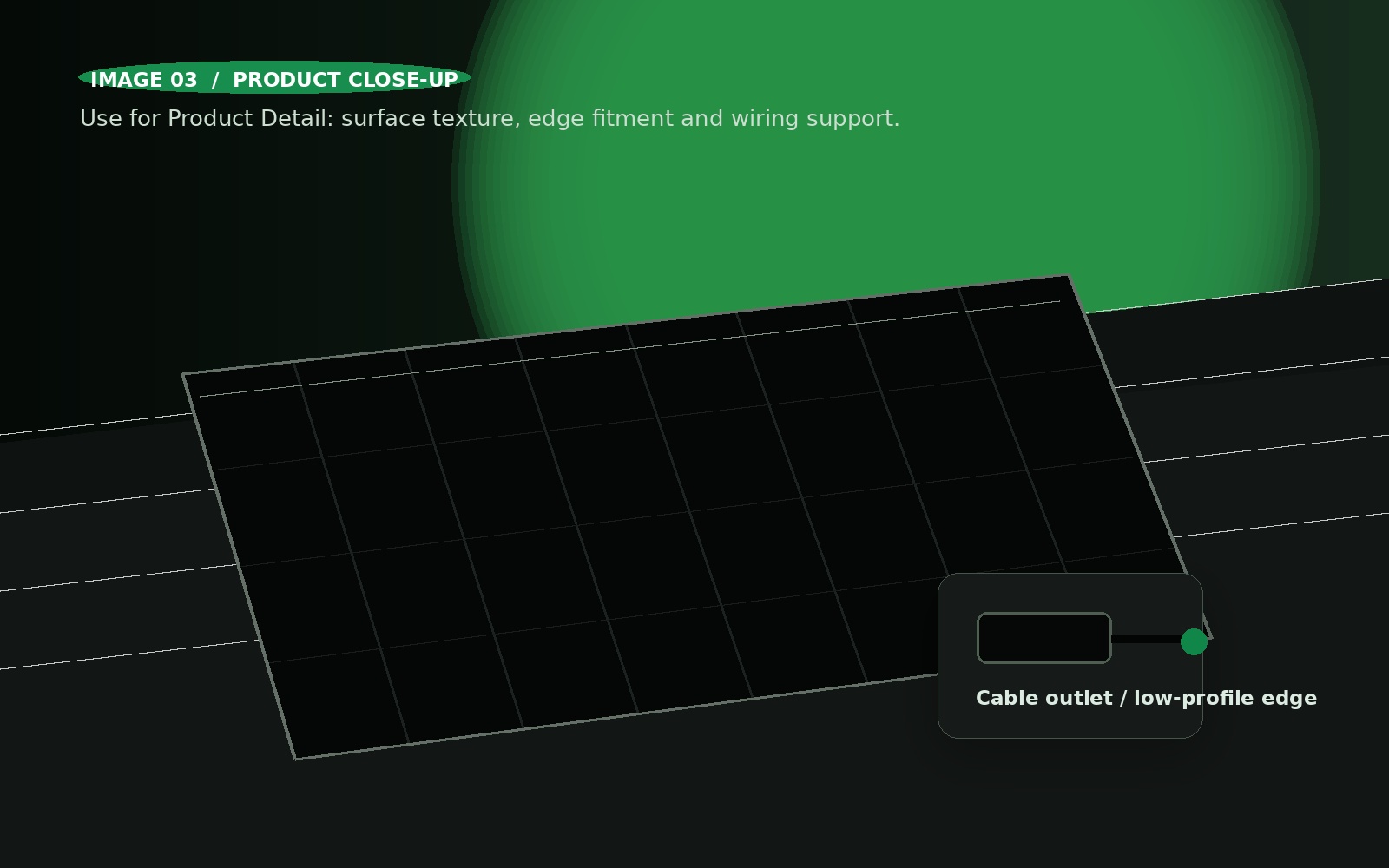 Hood-mounted solar panel close-up showing low-profile edge and cable outlet